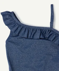 Maillot de bain 1 pièce fille bleu pailleté à volants