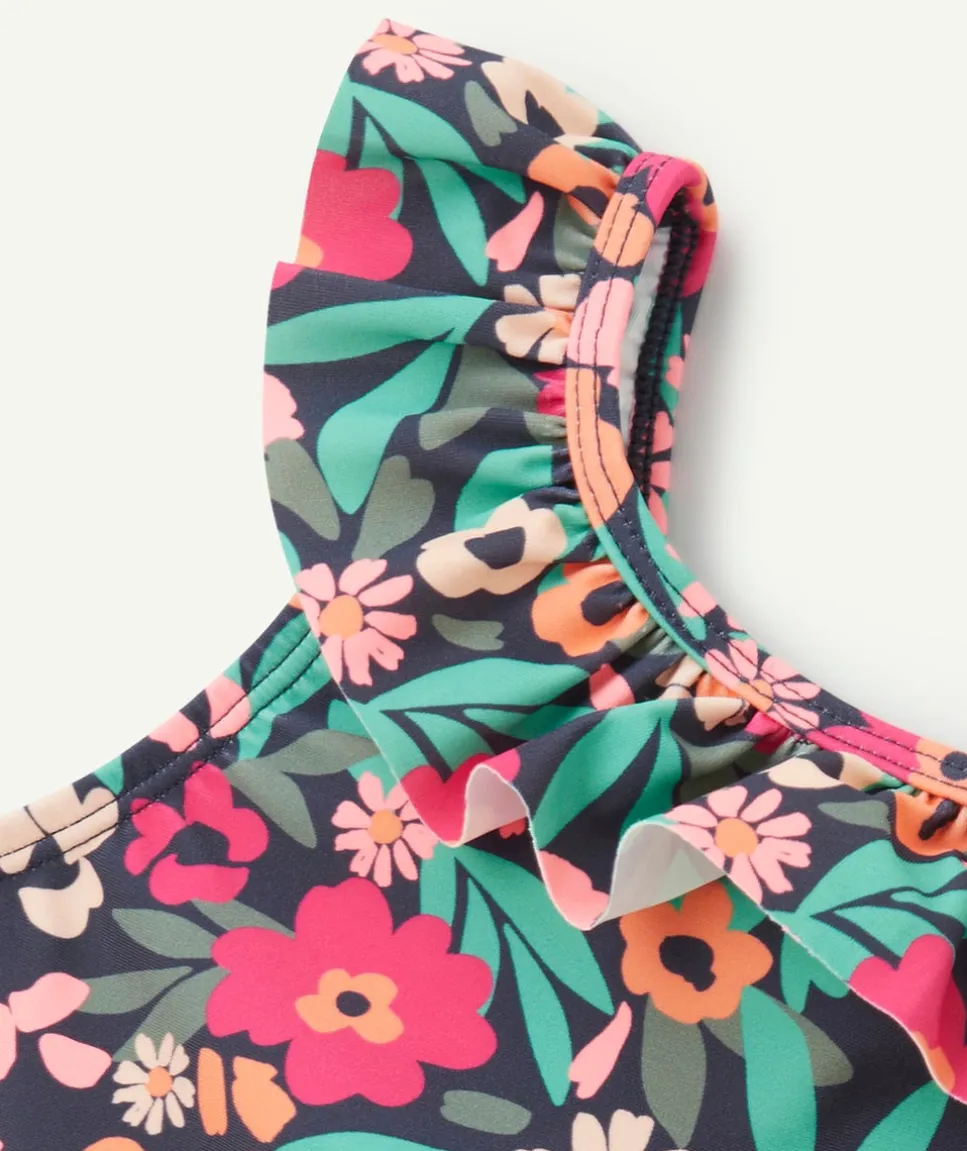Maillot de bain 1 pièce fille en fibres recyclées bleu imprimé fleurs