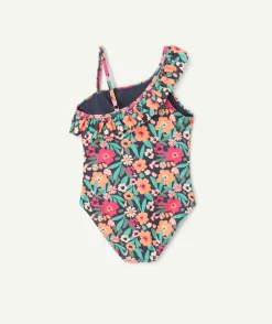 Maillot de bain 1 pièce fille en fibres recyclées bleu imprimé fleurs