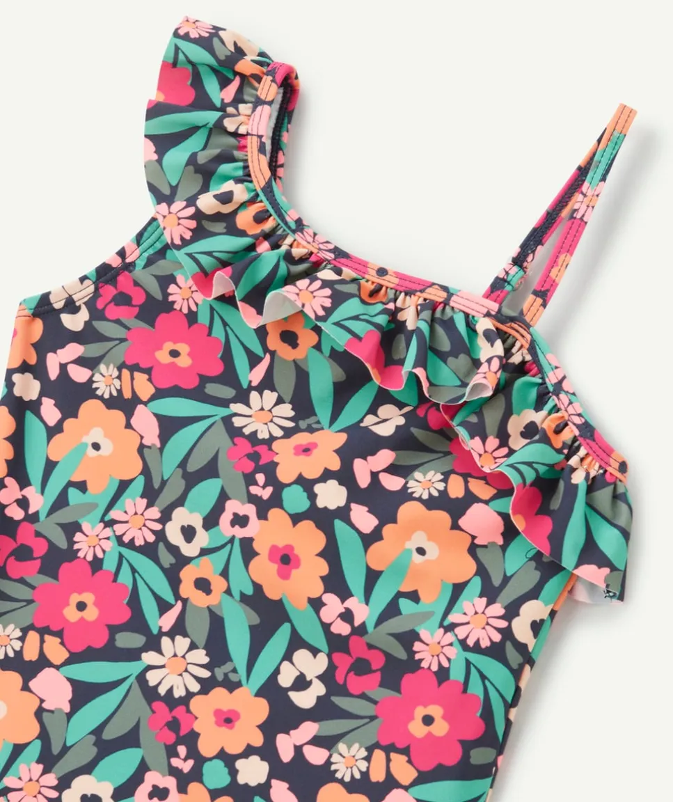 Maillot de bain 1 pièce fille en fibres recyclées bleu imprimé fleurs