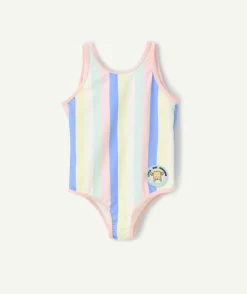 Maillot de bain 1 pièce fille imprimé à rayures colorées avec patch monsieur x madame
