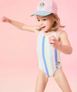 Maillot de bain 1 pièce fille imprimé à rayures colorées avec patch monsieur x madame