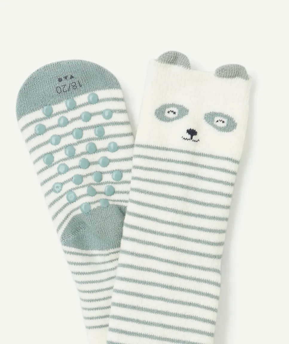 Paire de chaussettes bébé garçon antidérapantes panda écru et vert