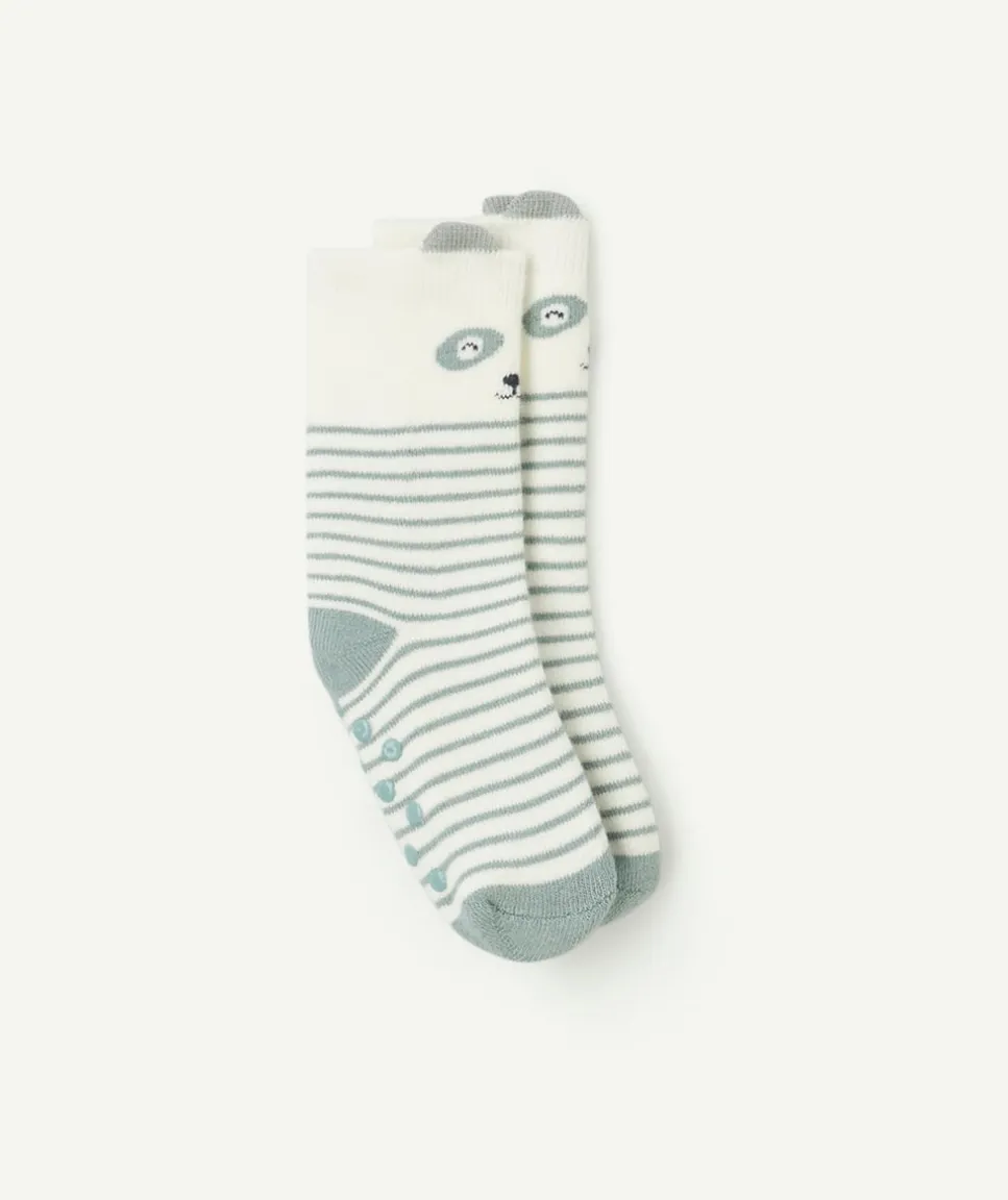 Paire de chaussettes bébé garçon antidérapantes panda écru et vert