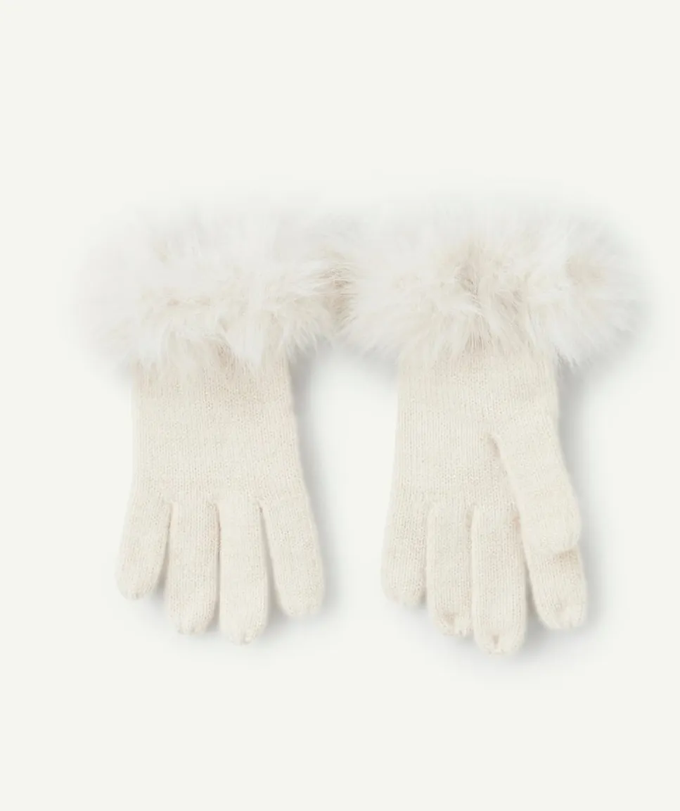 Paire de gants fille en fibres recyclées écru avec détails fourrure