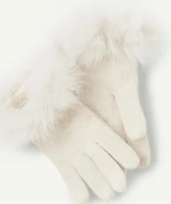 Paire de gants fille en fibres recyclées écru avec détails fourrure