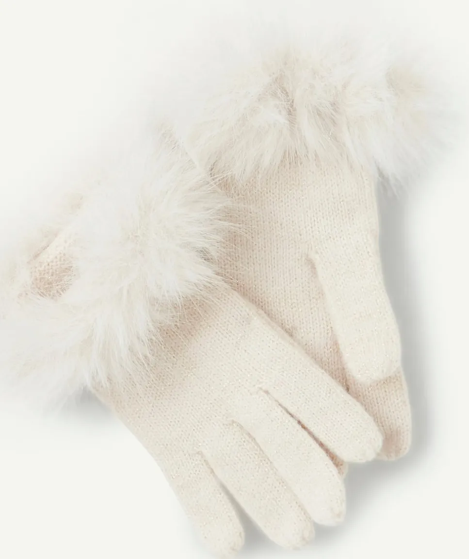 Paire de gants fille en fibres recyclées écru avec détails fourrure