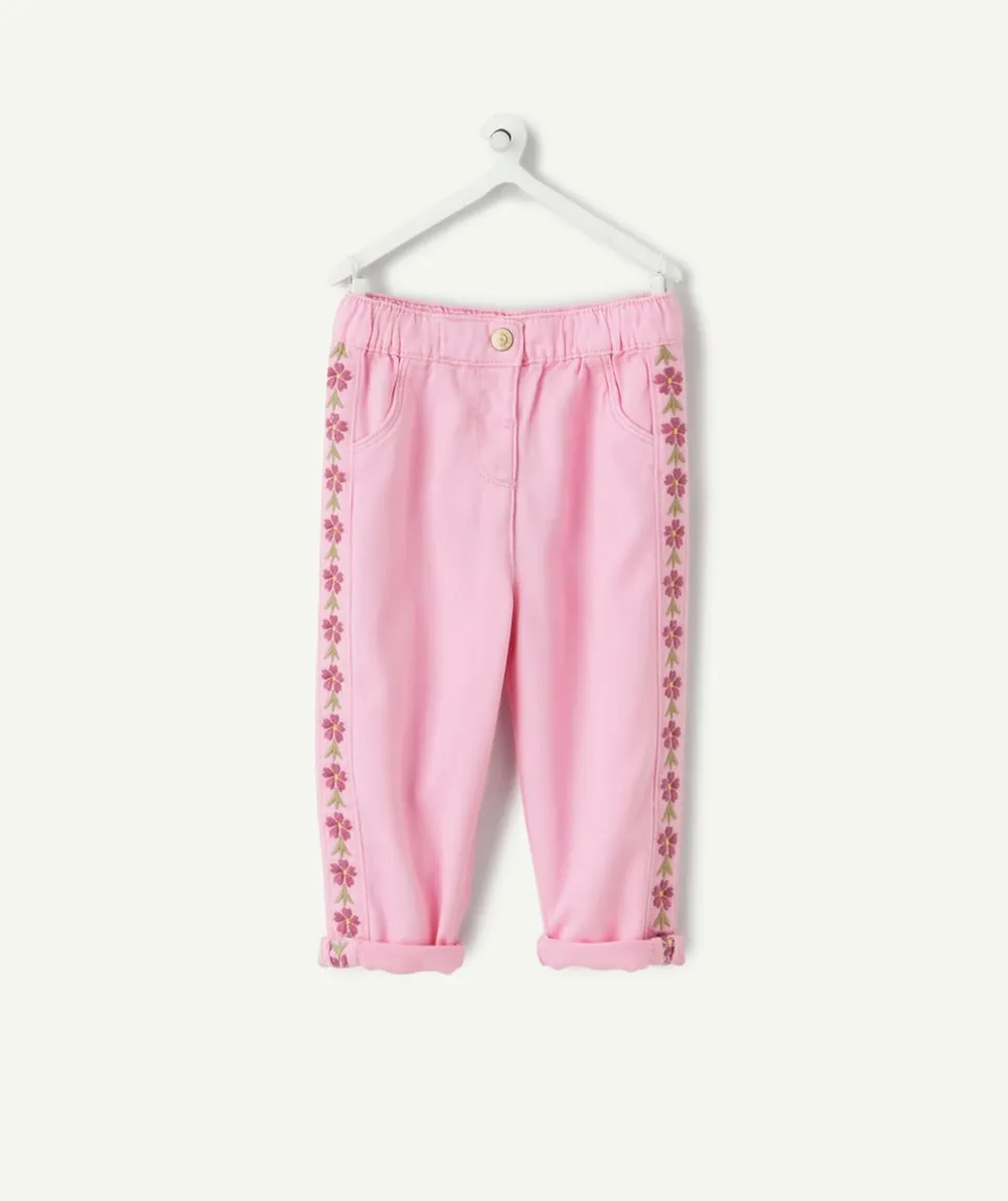 Pantalon droit bébé fille rose broderies florales