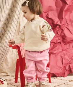 Pantalon droit bébé fille rose broderies florales