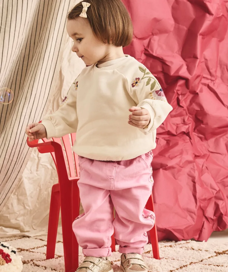 Pantalon droit bébé fille rose broderies florales