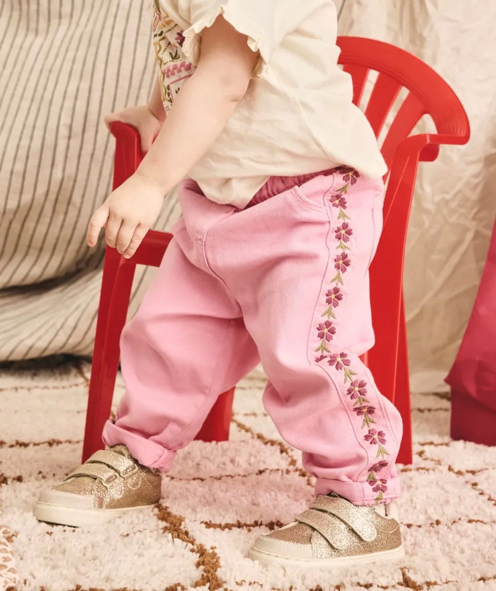 Pantalon droit bébé fille rose broderies florales
