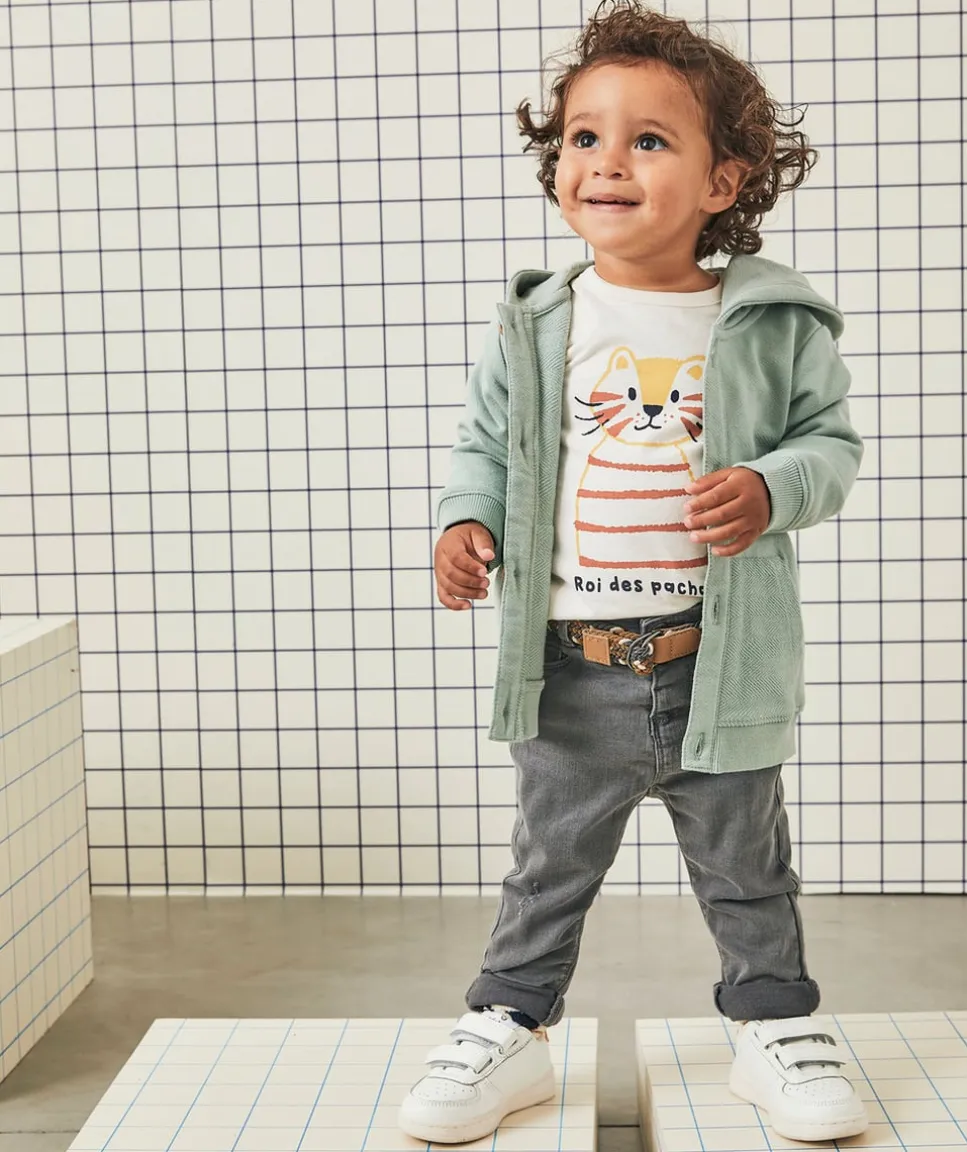 Pantalon droit bébé garçon en denim lower impact gris avec ceinture