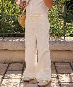 Pantalon fille large broderie écru