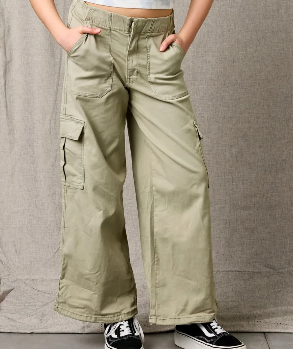 Pantalon fille large cargo kaki
