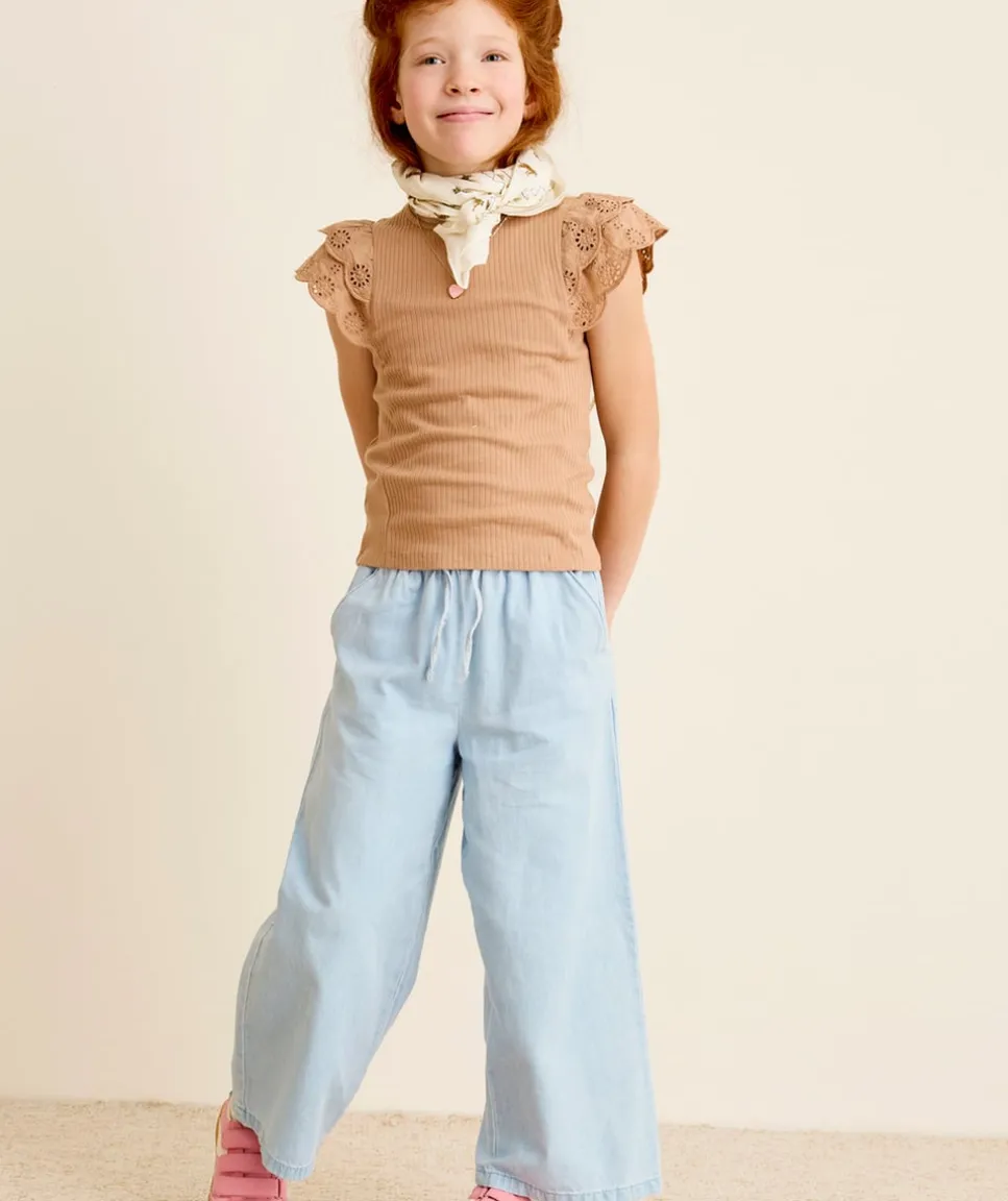 Pantalon fille large denim bleu
