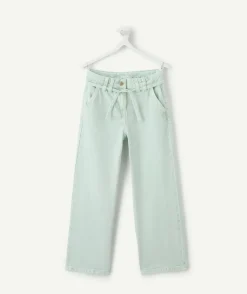 Pantalon fille large denim vert clair