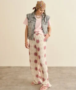 Pantalon fille large imprimé écru
