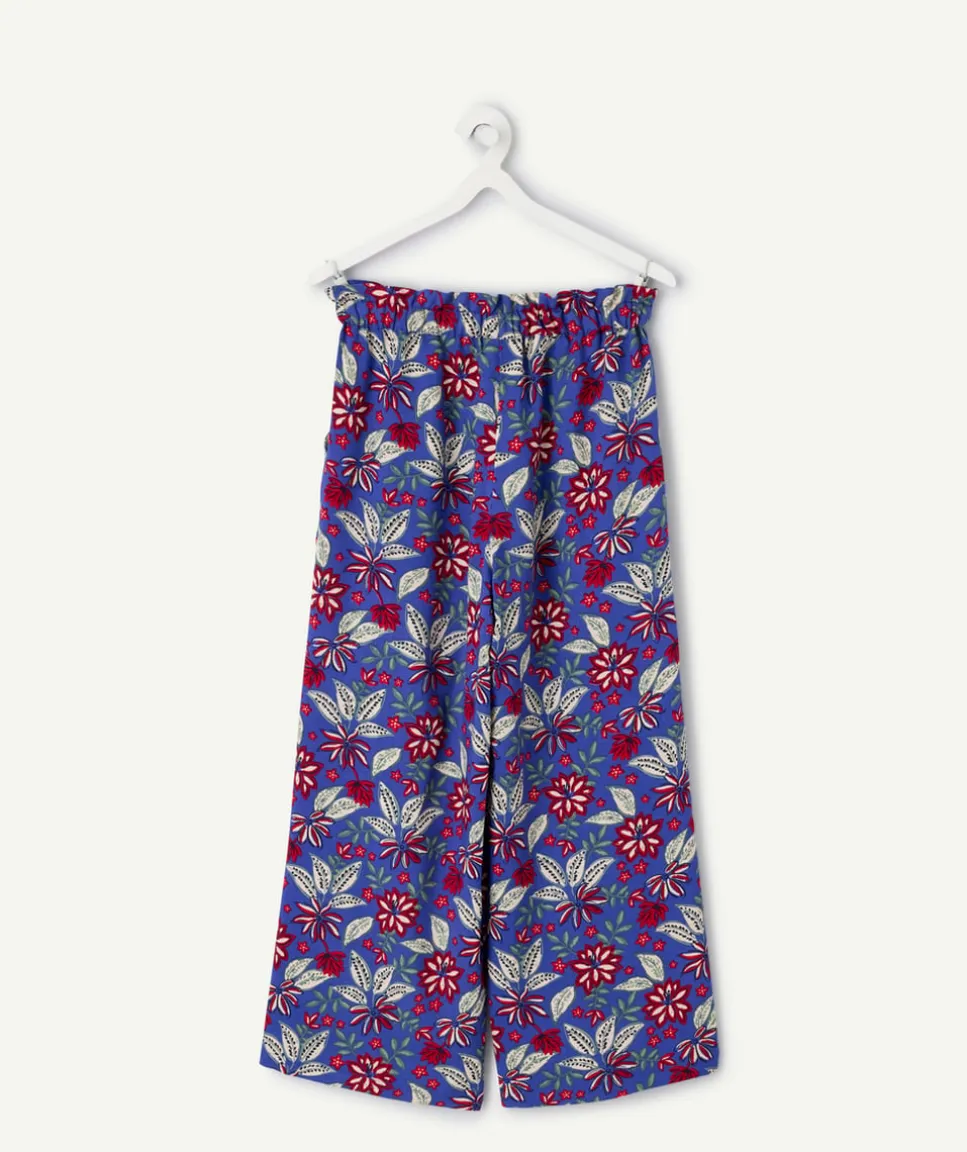 Pantalon fille large imprimé floral bleu