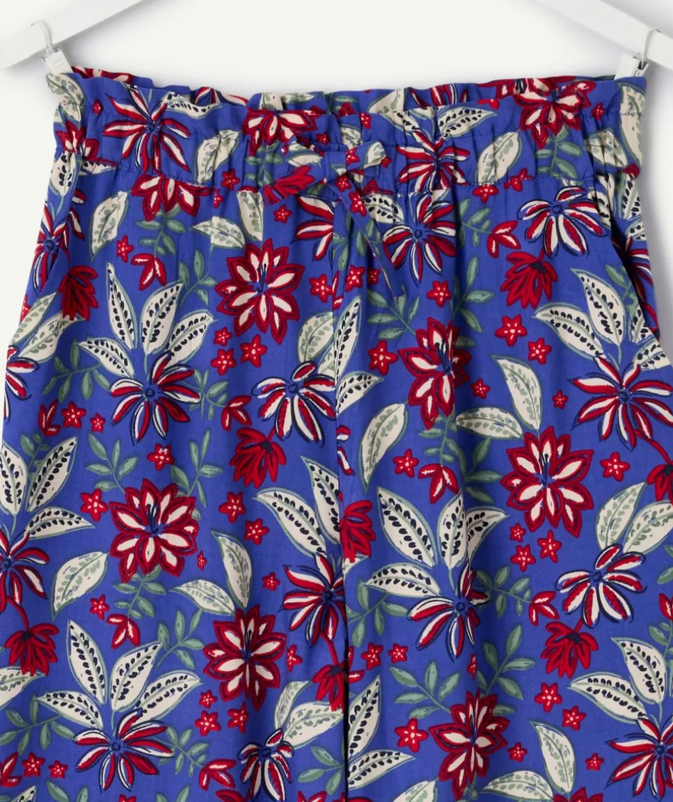 Pantalon fille large imprimé floral bleu
