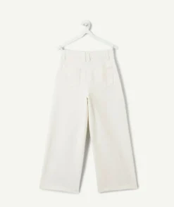 Pantalon fille large long broderies écru