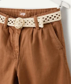 Pantalon fille large marron avec ceinture