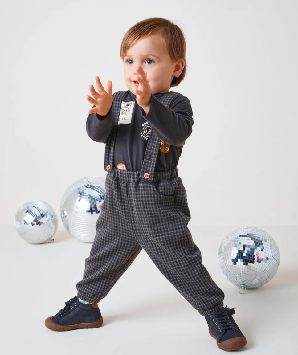 Pantalon sarouel bébé garçon à bretelles et carreaux