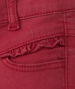 Pantalon slim bébé fille en denim rouge avec volants