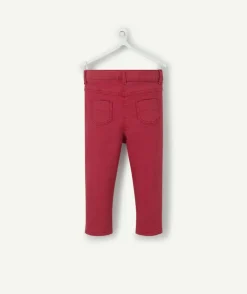 Pantalon slim bébé fille en denim rouge avec volants
