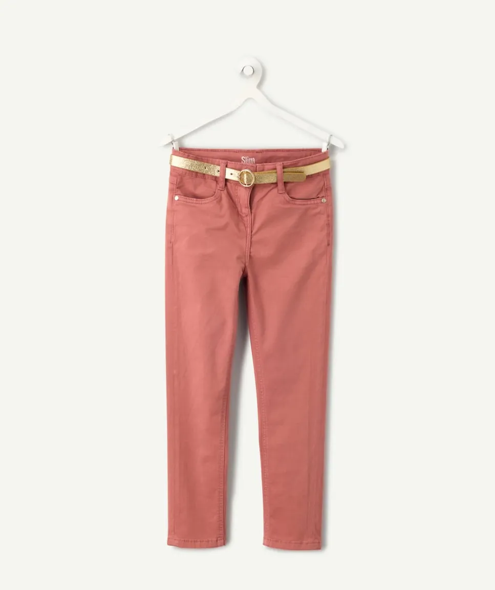 Pantalon slim fille couleur rose ceinture