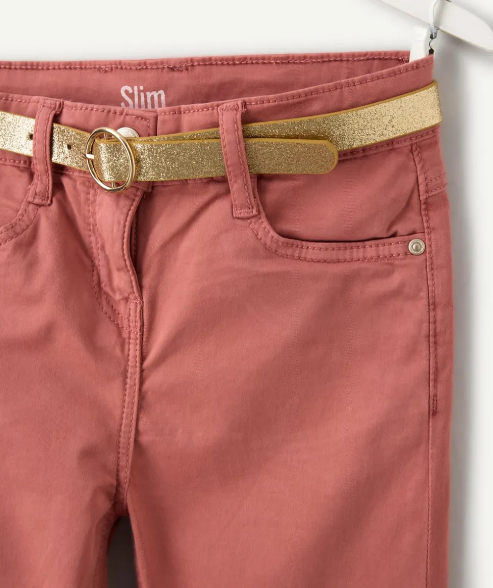 Pantalon slim fille couleur rose ceinture