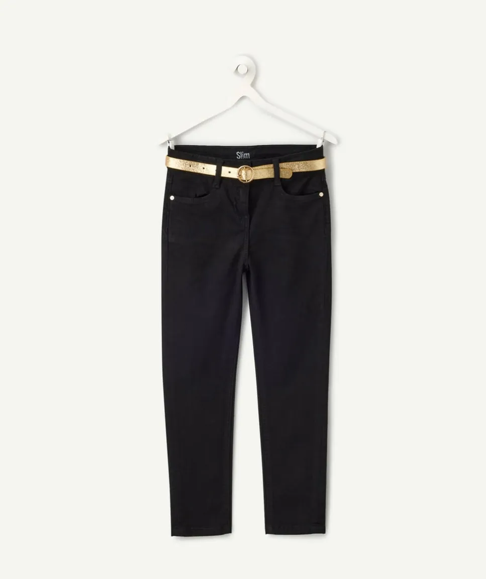 Pantalon slim fille noir ceinture couleur dorée