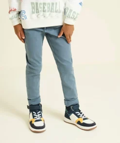 Pantalon slim garçon en coton bio bleu gris