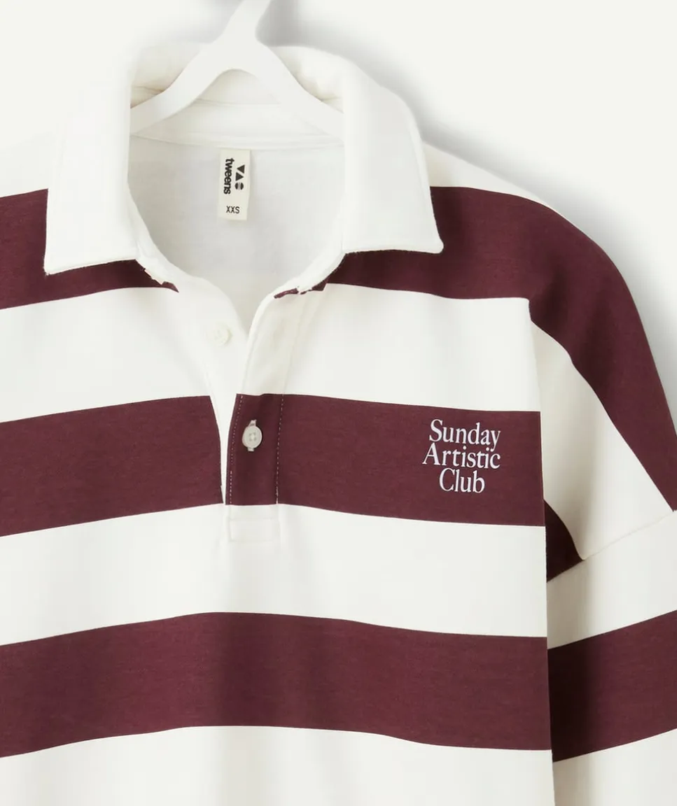 Polo fille droit rayé bordeaux et blanc