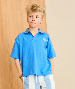 Polo garçon bleu imprimé texte