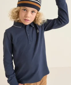 Polo manches longues garçon bleu marine avec planches de skate brodés