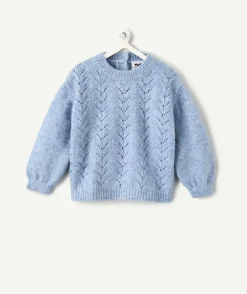 Pull bébé fille bleu maille ajourée