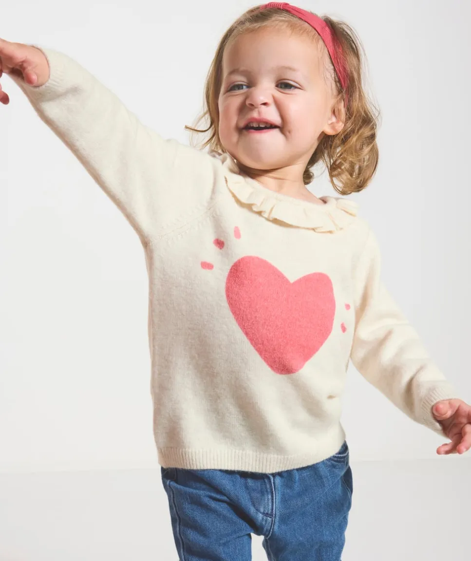 Pull bébé fille col volanté et imprimé cœur