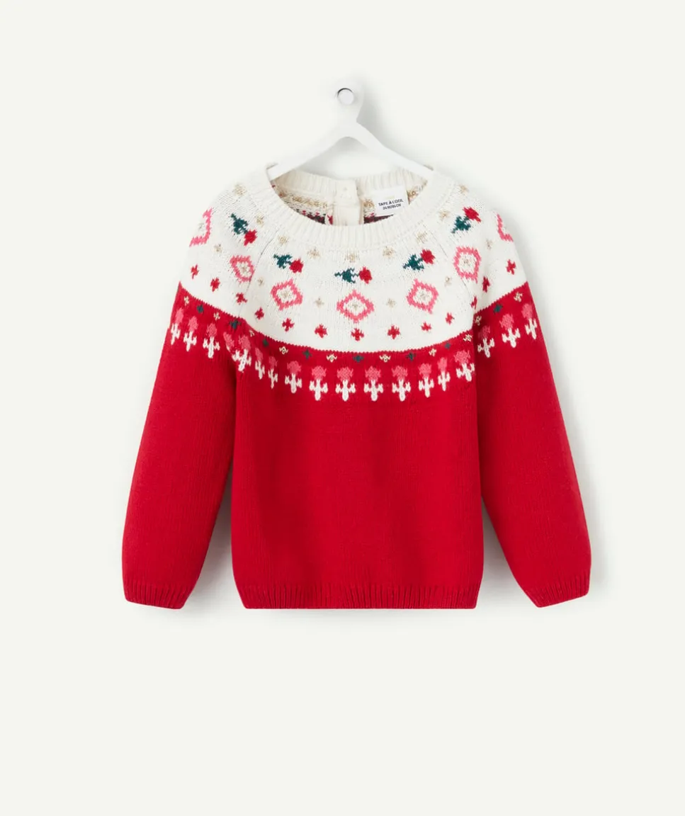 Pull de noël en tricot bébé fille rouge et écru