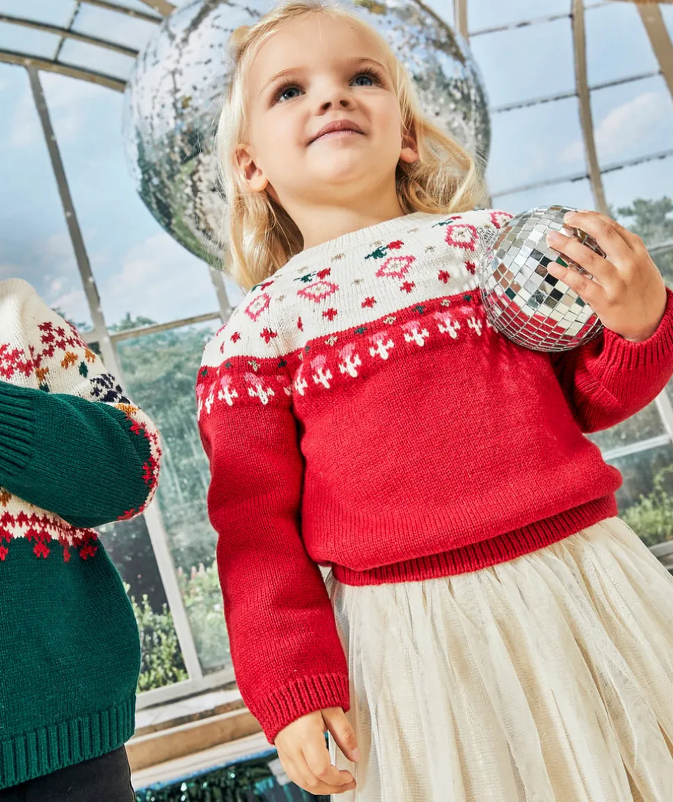 Pull de noël en tricot bébé fille rouge et écru
