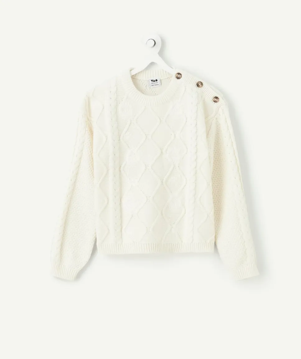 Pull fille blanc torsadé avec boutons