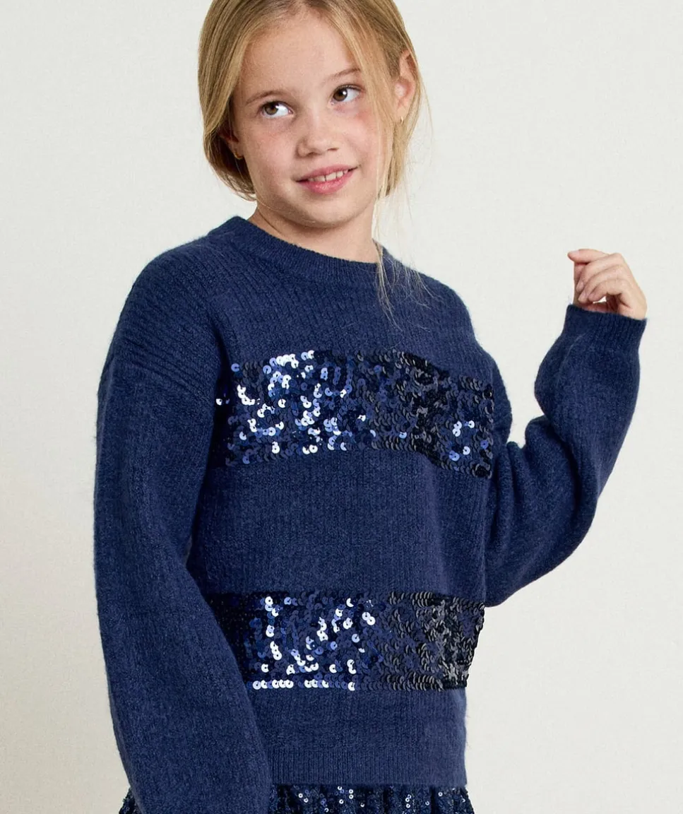 Pull fille bleu avec paillettes