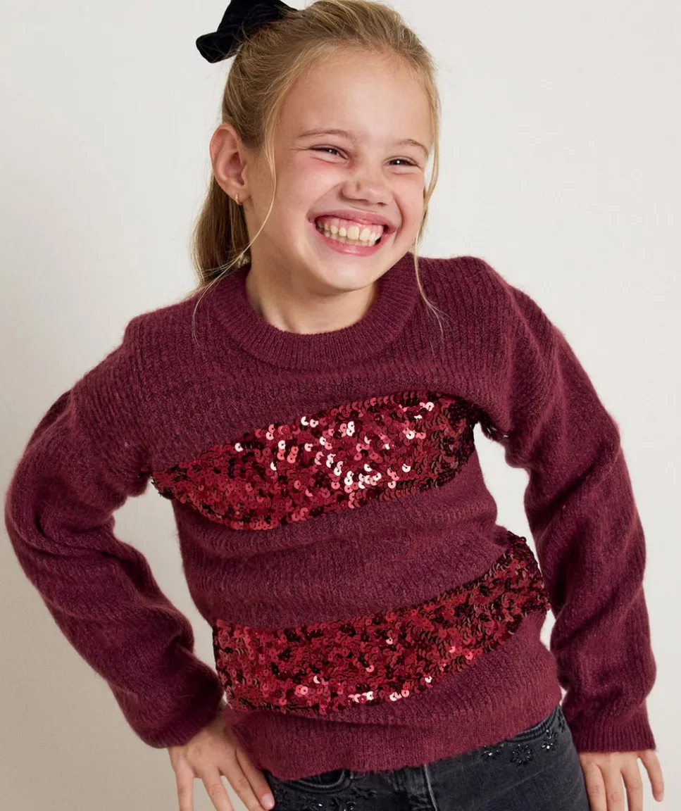Pull fille bordeaux avec paillettes
