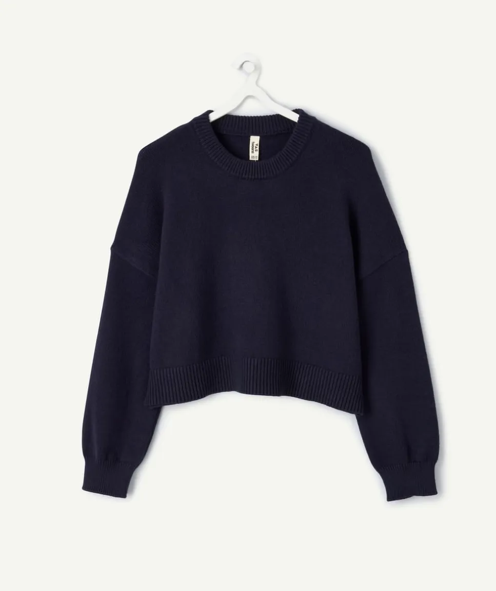 Pull fille court bleu marine