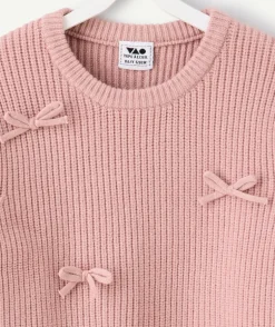 Pull fille droit rose noeuds décoratifs
