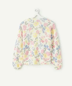 Pull fille à fleurs écru