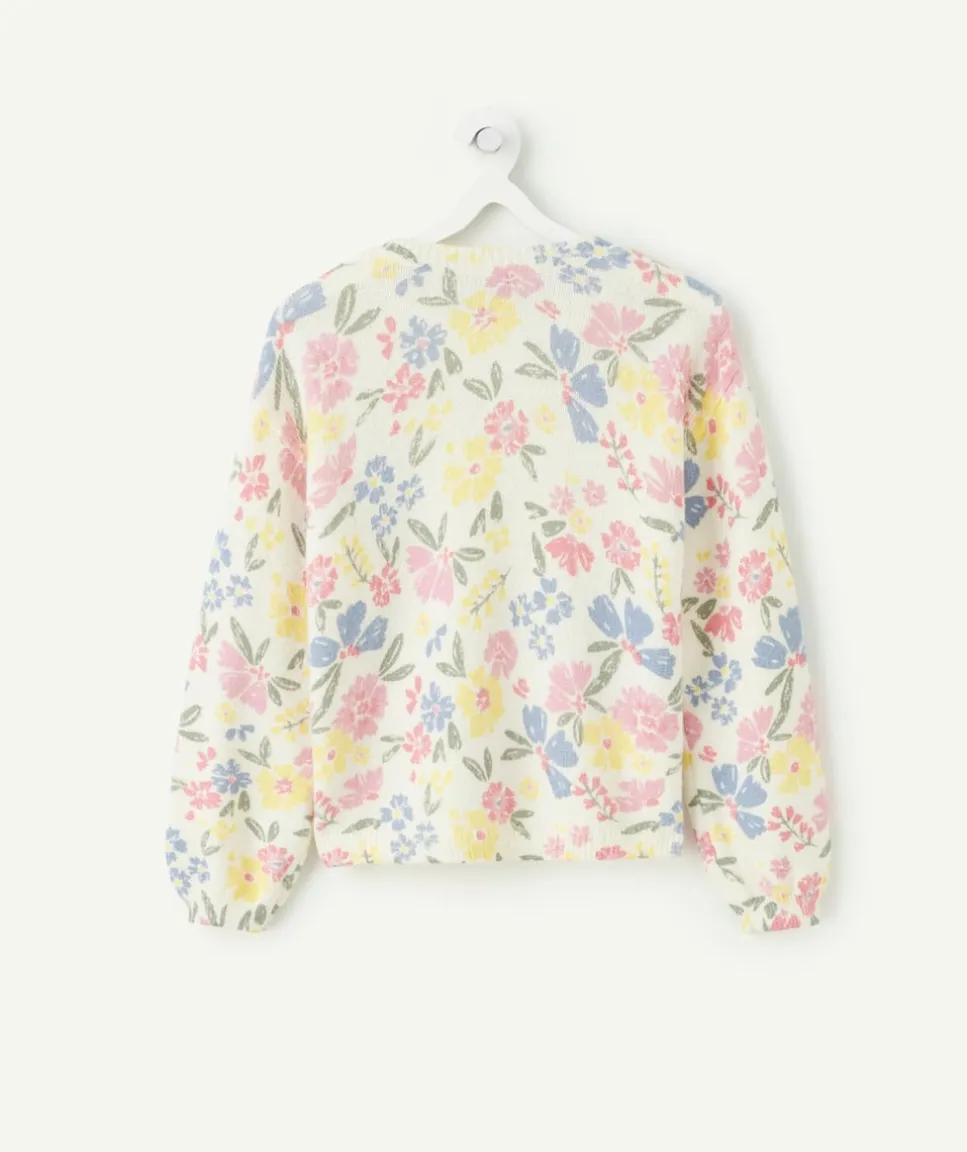 Pull fille à fleurs écru