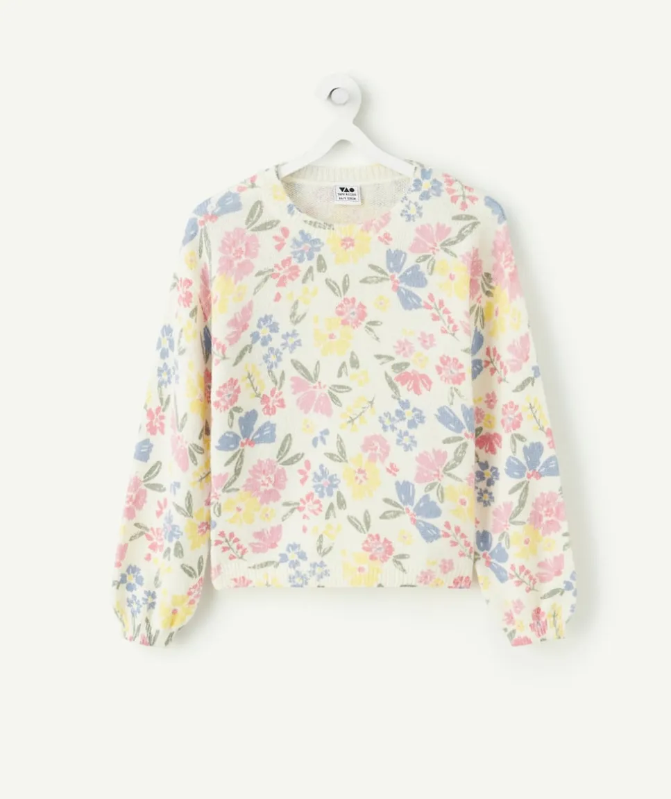 Pull fille à fleurs écru