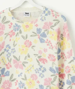 Pull fille à fleurs écru