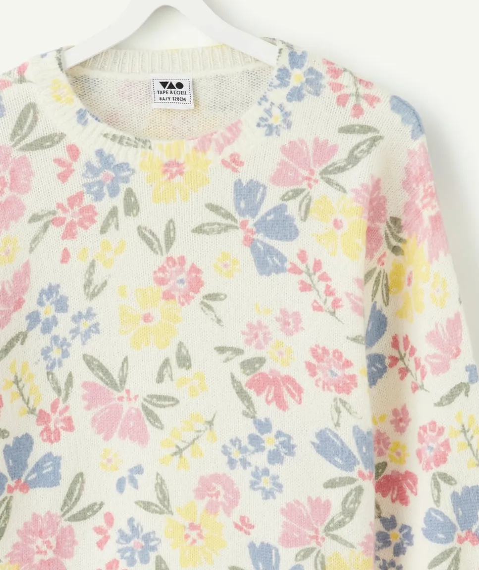 Pull fille à fleurs écru