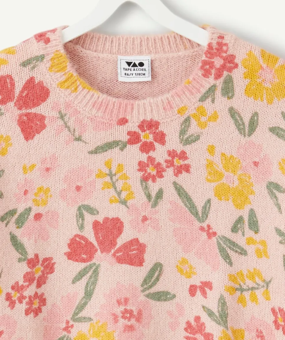 Pull fille à fleurs rose